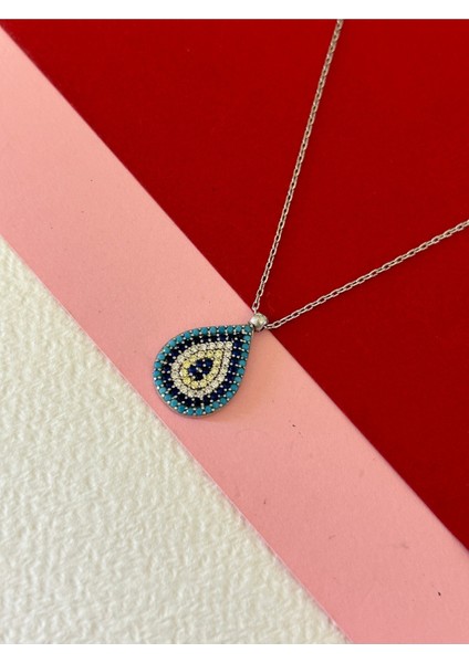 Silver Renk Damla Formlu Nazar Boncuğu Zirkon Taşlı 925 Gümüş Kolye