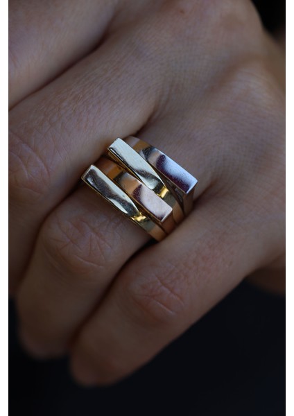 14 Ayar Altın Dört Kat Tasarım Üç Renkli Taşsız Yüzük