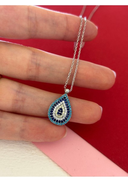 Silver Renk Damla Formlu Nazar Boncuğu Zirkon Taşlı 925 Gümüş Kolye