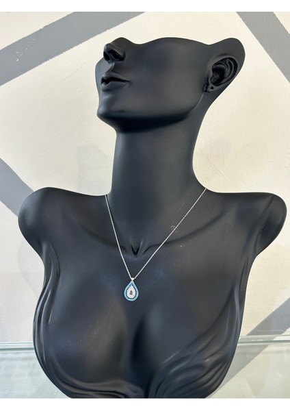 Silver Renk Damla Formlu Nazar Boncuğu Zirkon Taşlı 925 Gümüş Kolye