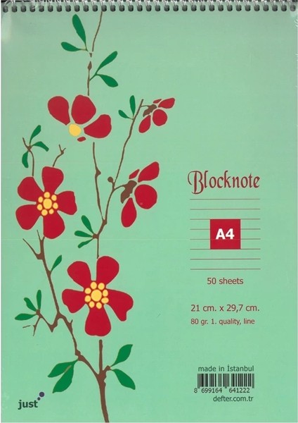 21X29.7CM Üstten Spiralli A4 Bloknot 80GR.50 Sayfa Çizgili