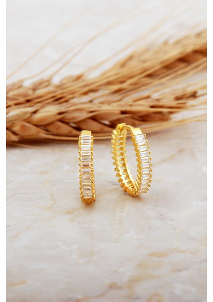 Baget Taşlı Orta Boy Altın Kaplama Gümüş Oval Halka Küpe 7128 modelleri