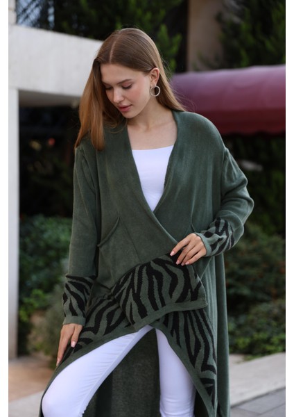 Kadın Yıkamalı Asimetrik Zebra Desen Pamuk Hırka - Haki