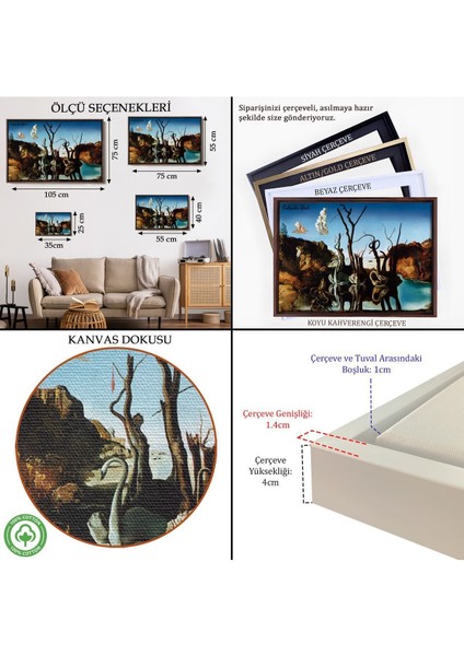 Tekno Trust Çerçeveli Salvador Dali - Filleri Yansıtan Kuğular Tablo - Swans Reflecting ELEPHANTS-7118