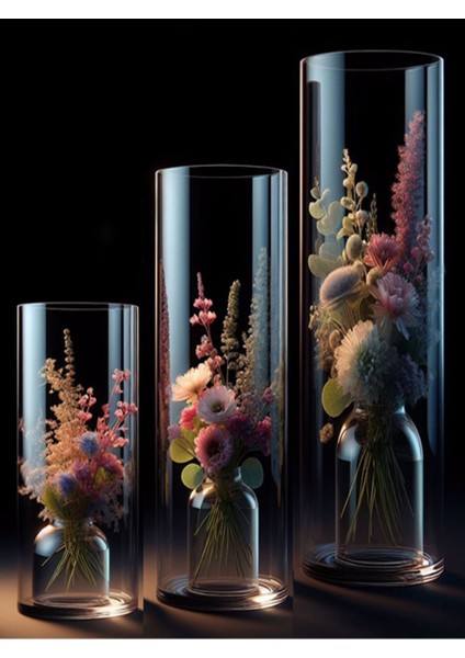 Tekno Trust Silindir Cam Vazo 10 cm Genişlik 20 cm 25 cm 30 cm Yükseklik El Imalatıdır