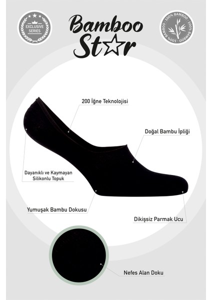 Bambu Kadın Babet Siyah Çorap Dikişsiz Görünmez Kaydırmaz Topuk Silikonlu Premium 6'lı Siyah Paket modelleri