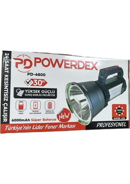 PD-6800 30W 3000 Lümen Yüksek Güçlü Güneş Enerjili Projektör El Feneri