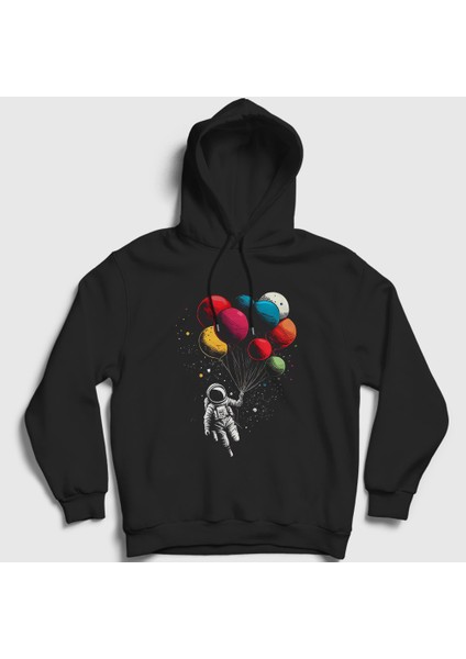 Unisex Siyah Astronot Balon Astronaut Balloon Kapüşonlu Sweatshirt