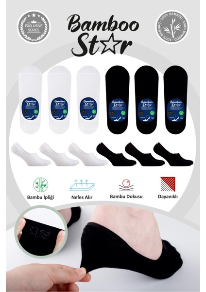 Bambu Erkek Babet Çorap Dikişsiz Görünmez Kaydırman Topuk Silikonlu Premium 3 Siyah 3 Beyaz 6'lı Beyaz Paket