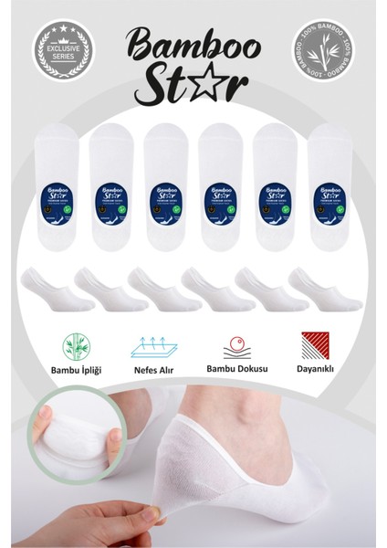 Bambu Erkek Babet Beyaz Çorap Dikişsiz Görünmez Kaydırman Topuk Silikonlu Premium 6'lı Beyaz Paket