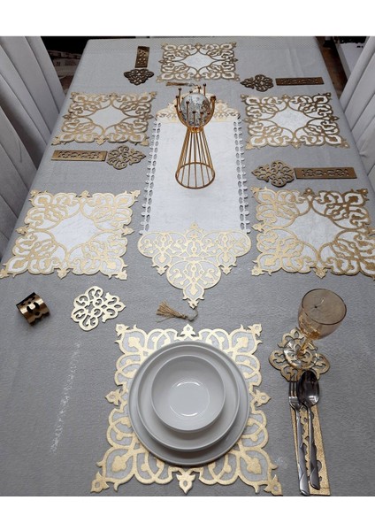 1 RUNNER(99X32)/6 A.servis/6 B.altlığı/6 Kaşıklık/19 Parça/kadife Yemek Sunum Seti/6 Kişilik