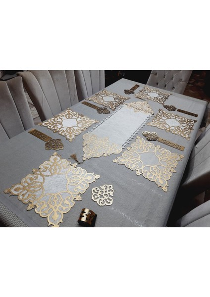 1 RUNNER(99X32)/6 A.servis/6 B.altlığı/6 Kaşıklık/19 Parça/kadife Yemek Sunum Seti/6 Kişilik modelleri