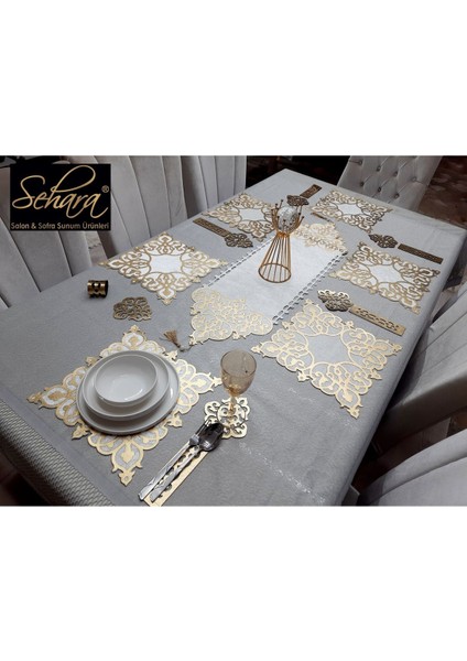1 RUNNER(99X32)/6 A.servis/6 B.altlığı/6 Kaşıklık/19 Parça/kadife Yemek Sunum Seti/6 Kişilik indirimleri