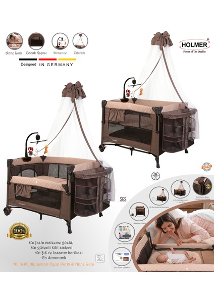 Coolstyle (Anne Yanı -Deluxe Kumaş) Premium Cibinlikli Dönenceli Anne Yanı/oyun Parkı/park Yatak 70X110CM