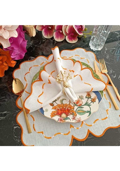 Turuncu ve Ebruli Turuncu Detaylı Amerikan Servis, Supla Leke Tutamaz Kumaş Özellikli 6 Adet