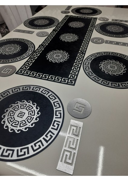 Runner/ Suppla/amerikan Servis/sofra Sunum Seti/19 Parça Deri Işlemeli Kadife/6 Kişilik/siyah-Gümüş