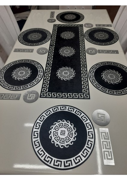 Runner/ Suppla/amerikan Servis/sofra Sunum Seti/19 Parça Deri Işlemeli Kadife/6 Kişilik/siyah-Gümüş fiyatları