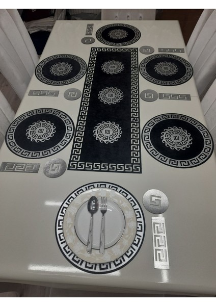 Runner/ Suppla/amerikan Servis/sofra Sunum Seti/19 Parça Deri Işlemeli Kadife/6 Kişilik/siyah-Gümüş modelleri