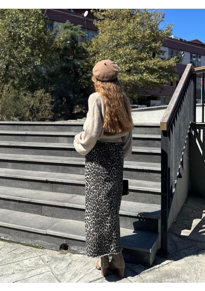 Jj Giyim Yeni Sezon Premium Önü Yırtmaç Leopar Desen Denim Etek modelleri