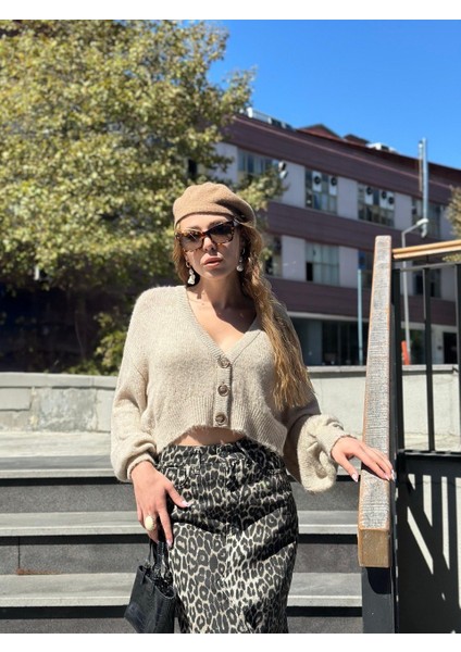 Jj Giyim Yeni Sezon Premium Önü Yırtmaç Leopar Desen Denim Etek indirimleri
