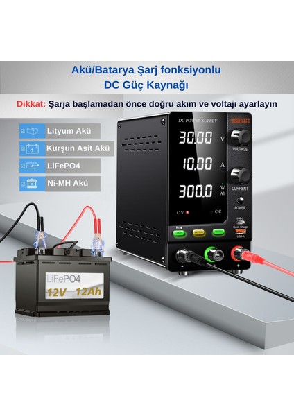 0-30V/10A Ayarlı Dc Güç Kaynağı Voltaj Regülatörü Şarj Fonksiyonlu Power Supply (Siyah)