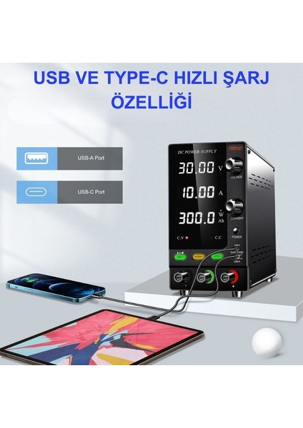 0-30V/10A Ayarlı Dc Güç Kaynağı Voltaj Regülatörü Şarj Fonksiyonlu Power Supply (Siyah)