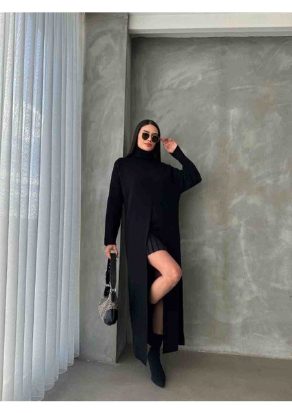 Balıkçı Yaka Uzun Yırtmaçlı Triko Panço Elbise