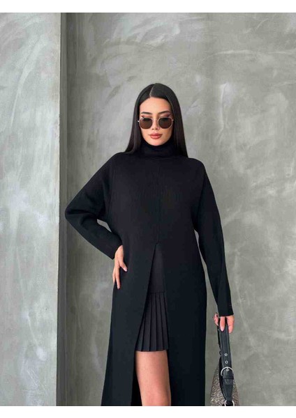 Balıkçı Yaka Uzun Yırtmaçlı Triko Panço Elbise modelleri