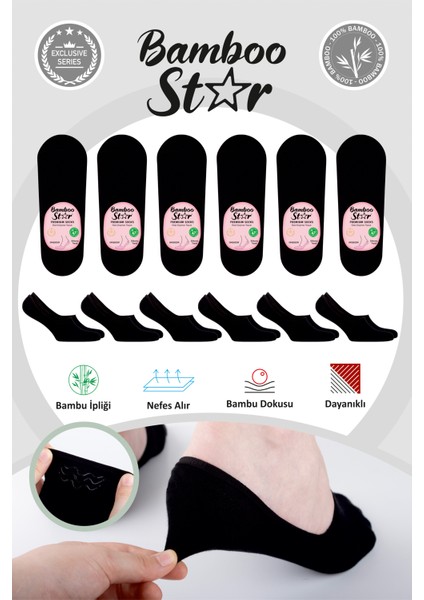 Bambu Kadın Babet Siyah Çorap Dikişsiz Görünmez Kaydırmaz Topuk Silikonlu Premium 6'lı Siyah Paket