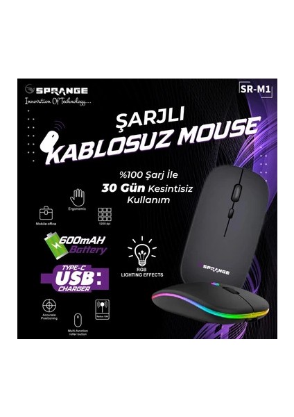 Sr-M1 Wireless Şarjlı Kablosuz Mouse Type-C Rgb