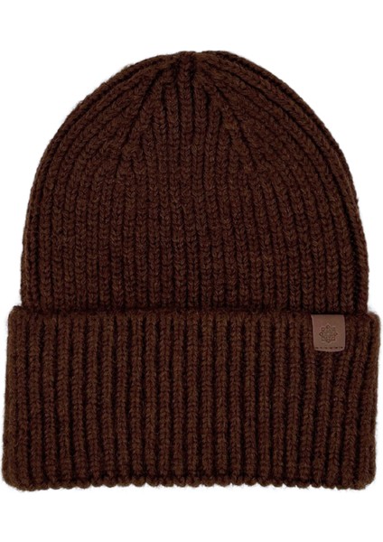 Brown Beanie Kahverengi Deri Etiket Detaylı Soft Yıkama Yünlü ve Katlamalı Örgü Bere