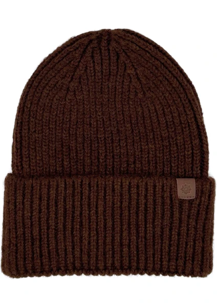 Sofist İstanbul Brown  Beanie Kahverengi Deri Etiket Detaylı Soft Yıkama Yünlü ve Katlamalı Örgü Bere