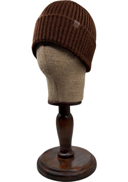 Brown Beanie Kahverengi Deri Etiket Detaylı Soft Yıkama Yünlü ve Katlamalı Örgü Bere