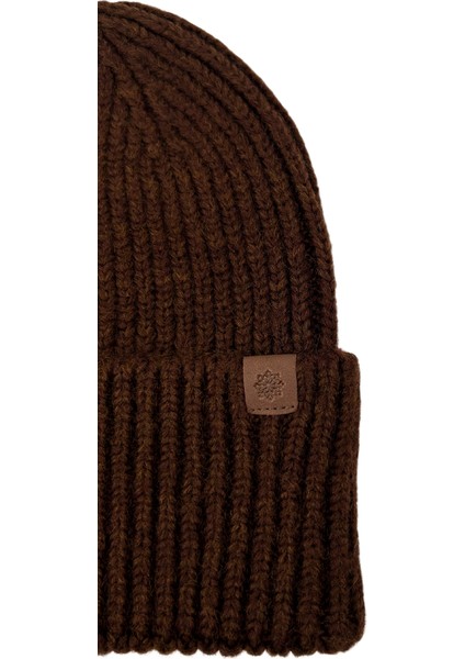 Brown Beanie Kahverengi Deri Etiket Detaylı Soft Yıkama Yünlü ve Katlamalı Örgü Bere