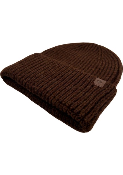 Brown Beanie Kahverengi Deri Etiket Detaylı Soft Yıkama Yünlü ve Katlamalı Örgü Bere