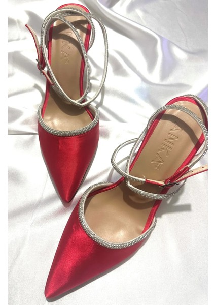 Kadın Kırmızı Saten 8 cm Şeffaf Topuklu Bilekten Dolamalı Taşlı Sivri Burunlu Abiye Ayakkabı fiyatları