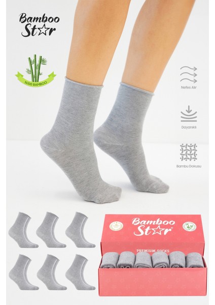 Bambu Kadın Lastiksiz Gri Soket Dikişsiz Premium Çorap 6 Lı Paket Sıkmayan Çorap - Iz Bırakmaz