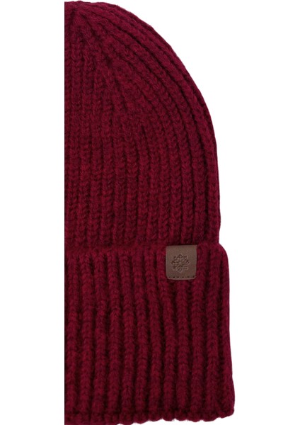 Claret Red Beanie Bordo Deri Etiket Detaylı Soft Yıkama Yünlü ve Katlamalı Örgü Bere