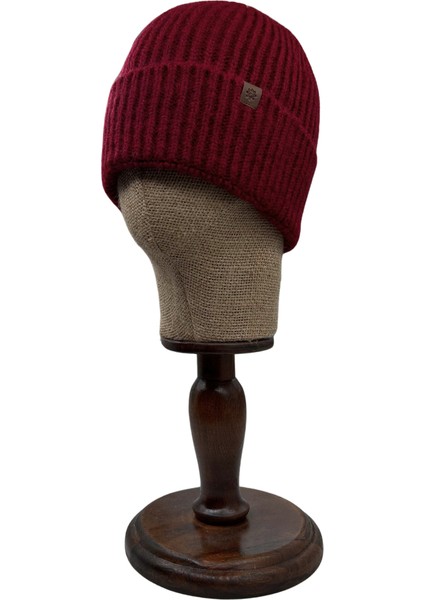 Claret Red Beanie Bordo Deri Etiket Detaylı Soft Yıkama Yünlü ve Katlamalı Örgü Bere