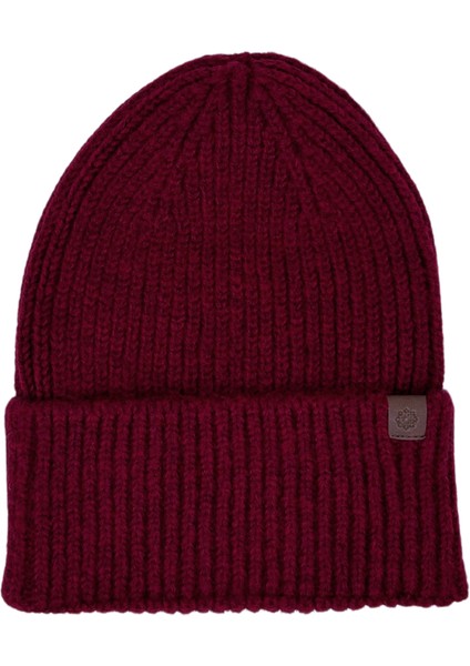 Claret Red Beanie Bordo Deri Etiket Detaylı Soft Yıkama Yünlü ve Katlamalı Örgü Bere