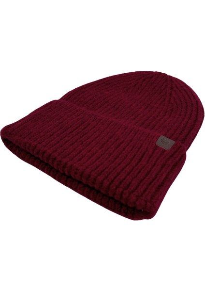 Claret Red Beanie Bordo Deri Etiket Detaylı Soft Yıkama Yünlü ve Katlamalı Örgü Bere