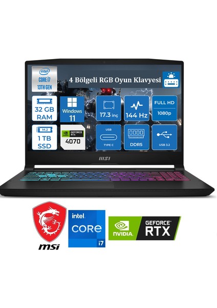 KATANA 17 / 144HZ / 8 GB RTX4070 105W / i7 13620H (i7 13.NESİL) / 32 GB DDR5 5600 MHZ RAM / 1 TB PCIe 4.0 NVMe M.2 SSD / 17.3 FHD IPS PANEL / WİN11 PRO