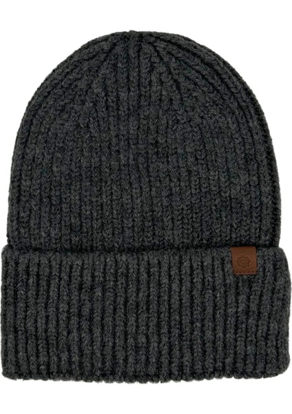 Anthracite Beanie Antrasit Deri Etiket Detaylı Soft Yıkama Yünlü ve Katlamalı Örgü Bere