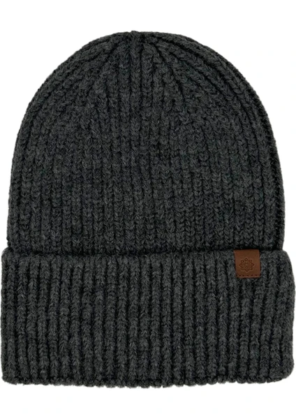 Sofist İstanbul Anthracite  Beanie Antrasit Deri Etiket Detaylı Soft Yıkama Yünlü ve Katlamalı Örgü Bere