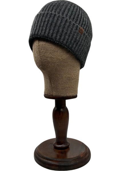 Anthracite Beanie Antrasit Deri Etiket Detaylı Soft Yıkama Yünlü ve Katlamalı Örgü Bere