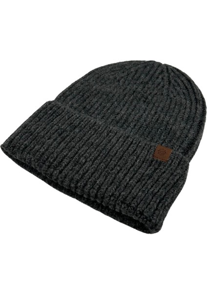 Anthracite Beanie Antrasit Deri Etiket Detaylı Soft Yıkama Yünlü ve Katlamalı Örgü Bere