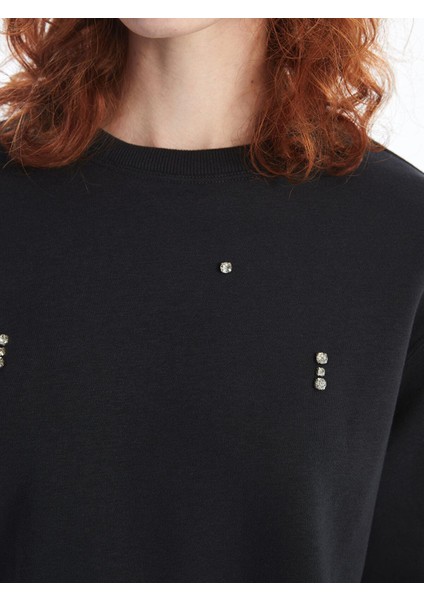 Lcw Vision Bisiklet Yaka Parlak Taş Baskılı Kadın Kalın Sweatshirt modelleri