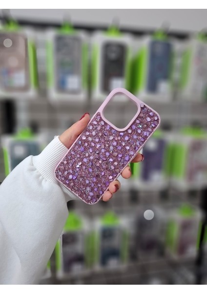 iPhone 15 Pro Max Lüks Parlak Doğal Taşlı Siyah Kamera Çıkıntılı Içi Kadife Kılıf