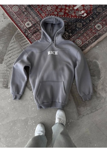 Uzun Kol Kapşonlu Göğüs Baskılı Sweatshirt - Gri