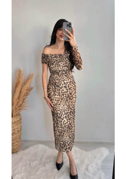 Quade Leopar Desenli Drape Detaylı Tül Midi Elbise